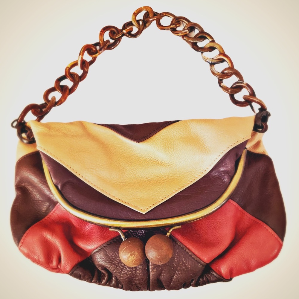Erva Chevron Pattern Handbag with Faux Tortoise Shell Chain